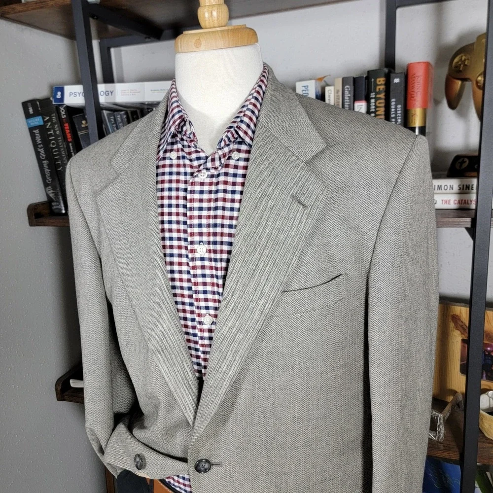 Lands End Men's Sport Coat Blazer Two Button Herringbone Beige Wool‎ Size 41R